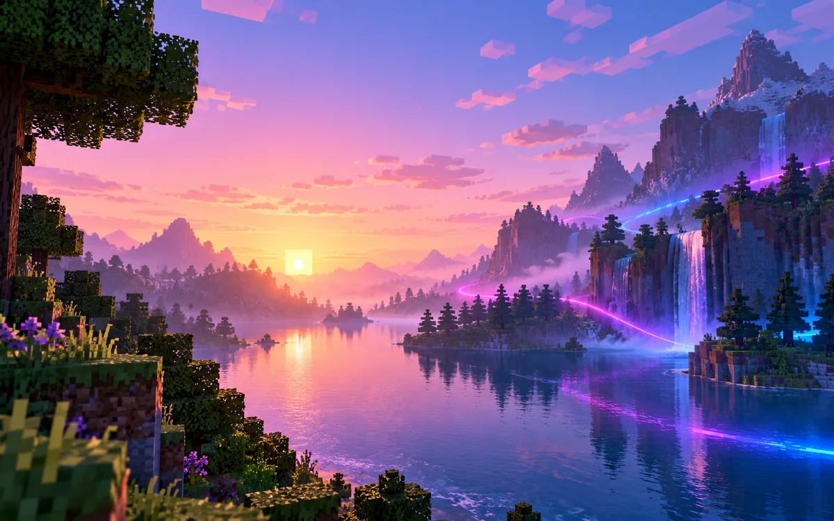 Text-free Minecraft-style landscape representing efficient background performance