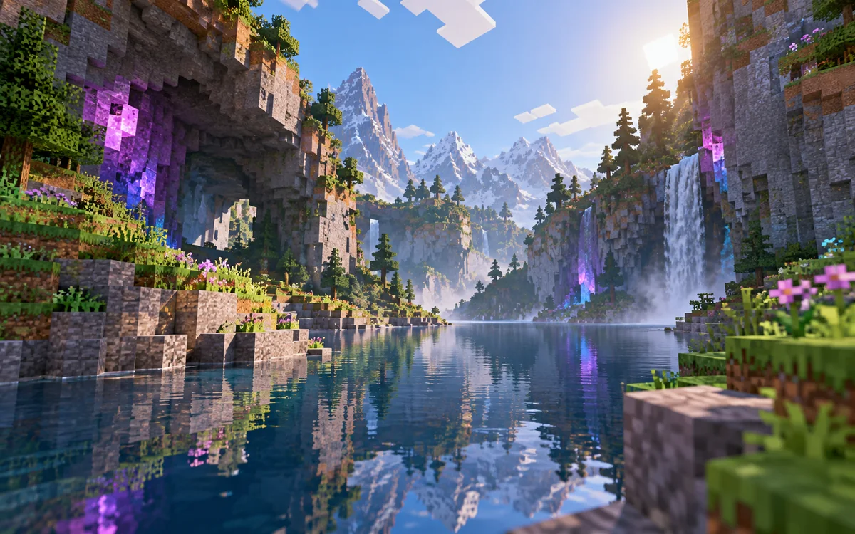 Text-free Minecraft-style installation landscape